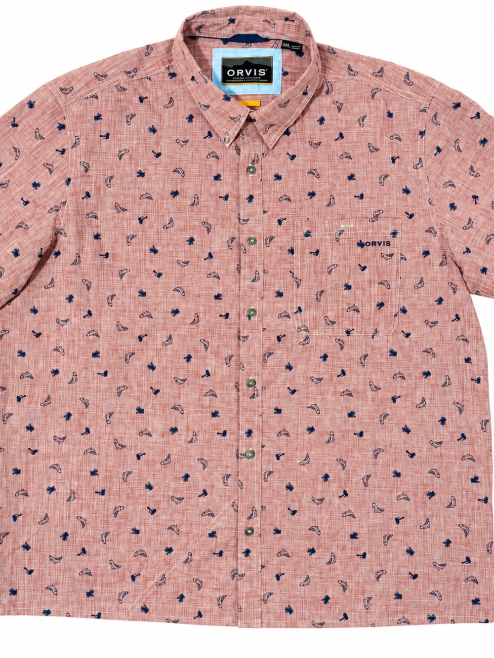 Orvis Mens XXL Active Fit Fish Print Tech Chambray Short Sleeve Button Down